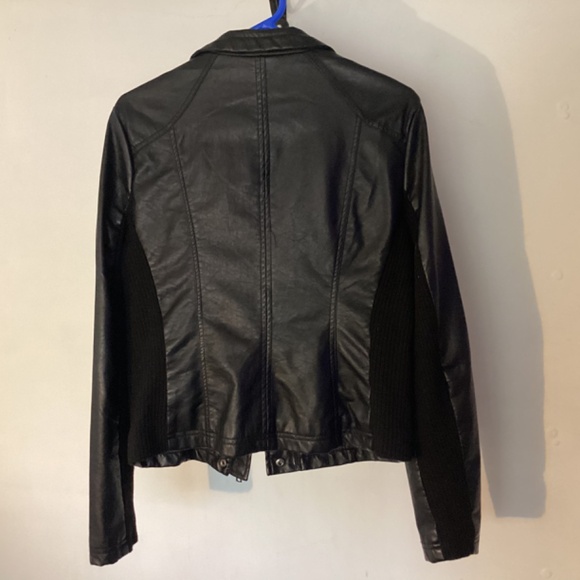 Faux Leather Biker Jacket w/ Knit Ribbed Details - Picture 4 of 9